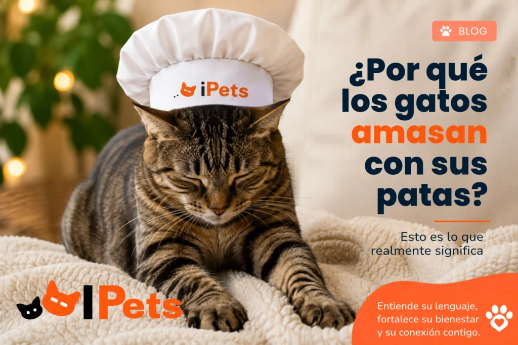 Gato doméstico amasando una manta suave mientras usa un gorro de panadero con el logo de IPETS, en una escena cálida y acogedora relacionada con comportamiento felino.